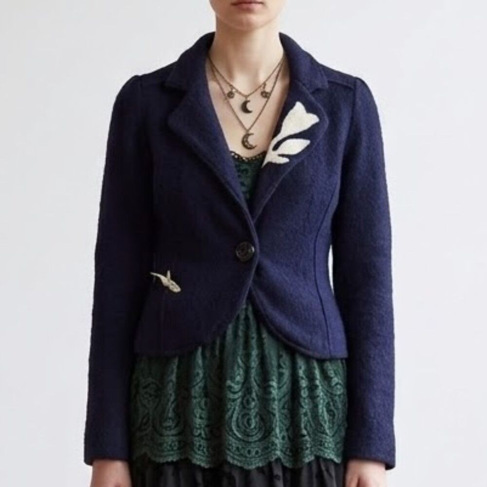 Charlie & Robin Anthropologie Twee Whimsigoth Wool Knit Blazer Jacket Navy Lace